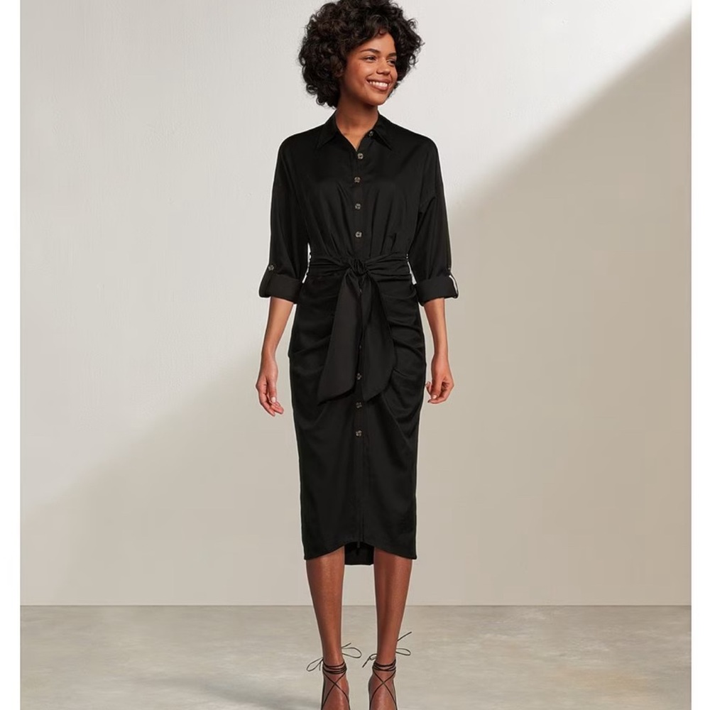 Antonio Melani Roxanne Long Sleeved Ruched Tie Waist Button Front Shirt Dress